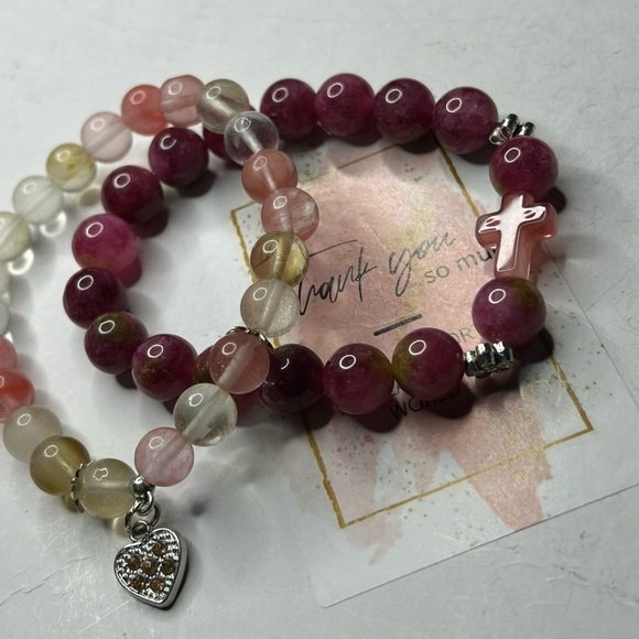 Strawberry Quartz & Rose Quartz Heart Charm Bracelets - Picture 2 of 3